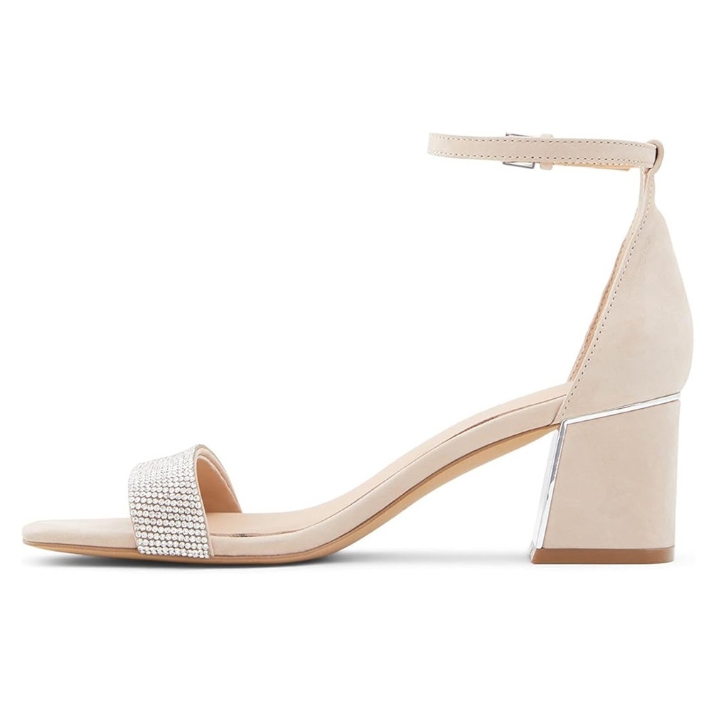 Aldo Kedeaviel Strappy Heeled OpenToe Sandals Metallic Silver Rhinestone Beige 5 - Picture 2 of 11